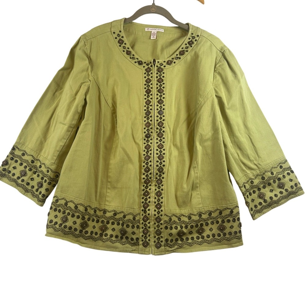 JM‎ Collection Woman Lime Green Embroidered Jacket 20W 3/4 Sleeve Zipper Front
